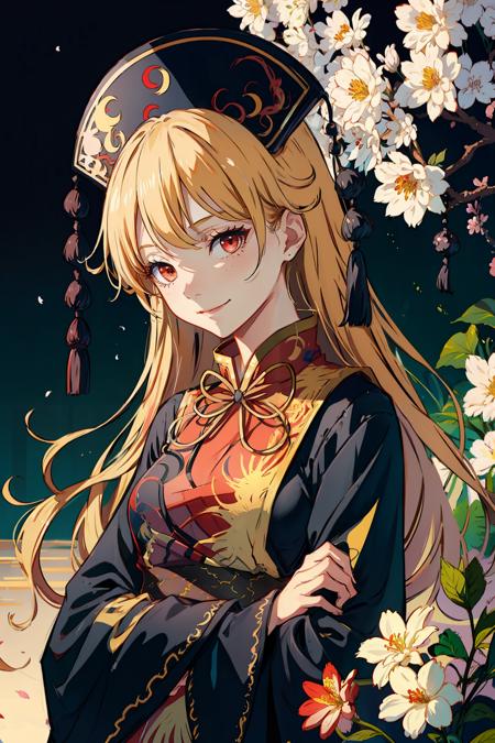 masterpiece, best quality, <lora:junko:1>, 1girl, solo, long hair, blonde hair, red eyes, smile, dress, flower, looking at viewer, long sleeves, breasts, medium breasts, hat, black dress, tabard, chinese clothes, wide sleeves, upper body, ribbon, very long hair, sash, bangs, closed mouth, floral print