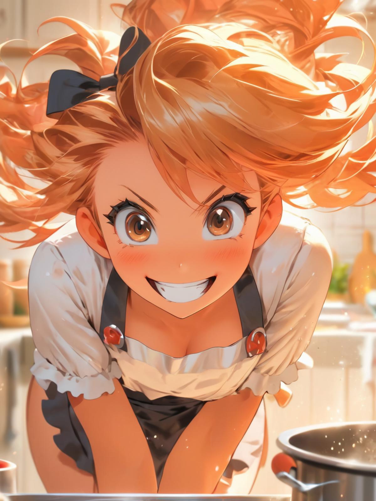 Anime-style girl with red eyes, smiling and posing in a kitchen.