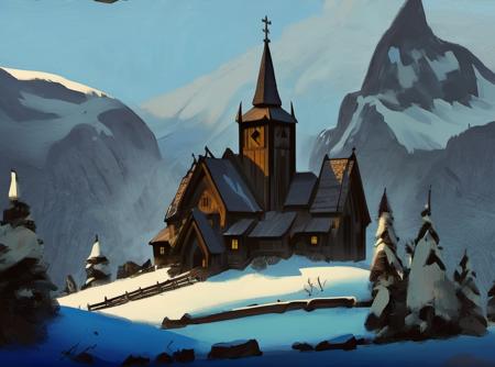 A wooden stave church and trees on top of a snowy hill, steep cliffs covered in forests and a fjord, huge icy mountains in the background, Civ6BG painting style <lora:Civ6BG-000009:1>