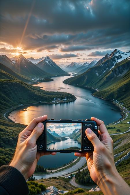 a person holding a camera in their hand with a landscape in the background and a mountain range in the foreground,cloud,mountain,sky,camera,outdoors,scenery,cloudy sky,reflection,holding,holding camera,landscape,pov,long sleeves,lake,mountainous horizon,1girl,road,
Best quality,masterpiece,ultra high res,<lora:chaoren 1:0.6:lbw=exceptfacehigh>,