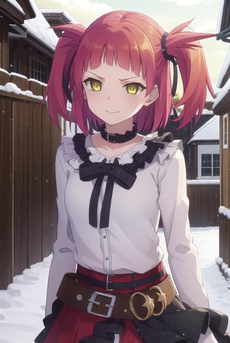 beatrice flowerchild, twintails, (yellow eyes:1.3), red hair, sharp teeth, ribbon, hair ribbon, bangs, blunt bangs, skirt, dress, bow, frills, flower, long sleeves, vest, black vest, choker, pleated skirt, red skirt,