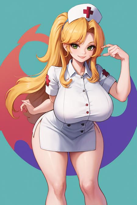 masterpiece, best quality, 1girl, solo, standing, <lora:nurse-terraria-richy-v1:1> terrarianurse, nurse, nurse cap, smile, bare legs, long legs, thighs, gigantic breasts