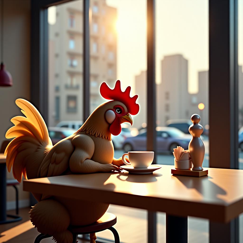 there is a chicken sitting at a table sipping coffee at a coffee shop.
there is a small ceramic human shaped sugar dispenser and a napkin holder on the table.
the atmosphere of the coffee shop is dimly lit with the morning rays barely cutting through the windows.
the nearby city is barely getting started in the morning, but a large amount of chickens and geese are heading to work outside as the bird city comes to life.