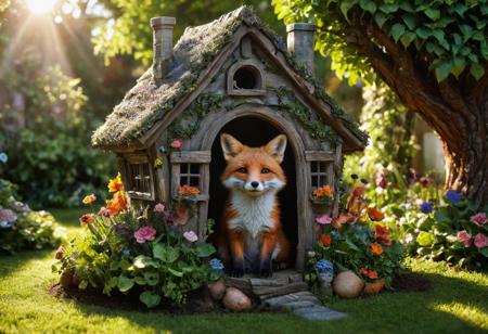 amazing quality, masterpiece, best quality, hyper detailed, ultra detailed, UHD, perfect anatomy,  awesome, inspiring, realistic, high quality, 4K, absurd resolution, incredibly detailed, masterpiece, sharp, cute fox house garden, cute, happy, extremely detailed, no humans, sunlight, realistic, high quality, detailed, shadows, glowing, bright colors, high contrast, vivd lighting, cinematic composition, soft shadows,