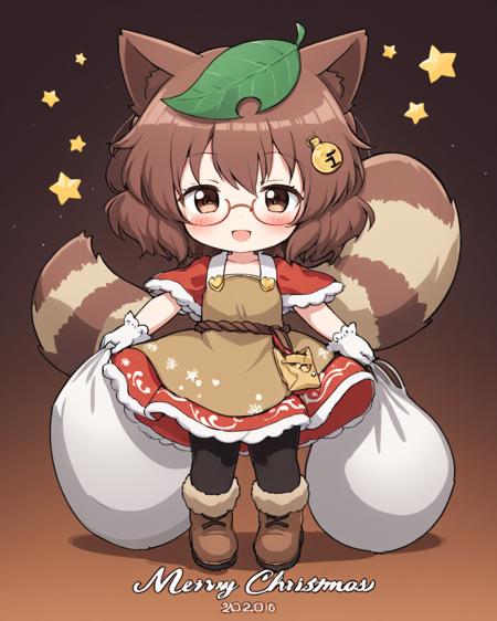 futatsuiwa mamizou,1girl, raccoon_tail, one_eye_closed, solo, glasses, chibi, leaf_hair_ornament, santa_costume, christmas, smile, merry_christmas, open_mouth, sack, heart, boots, crescent_moon, looking_at_viewer, brown_footwear, blush, fur_trim, holding, raccoon_girl, leaf_on_head, white_gloves, dress, pantyhose
<lora:futatsuiwa_mamizou_image2346_2023-12-20-000010:1>,star-shaped_pupils,symbol-shaped_pupils,. gorgeous,key visual, vibrant, studio anime,award-winning, professional, highly detailed,high budget, cinemascope