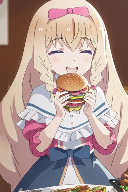 best quality, masterpiece, highres, solo, {noire_foschurose_kumakumakumabear:1.15}, blonde_hair, long_hair, braid, bow, hair_bow, bangs, twin_braids, purple_eyes, smile, blush, open_mouth, 1girl, closed_eyes, eating, food, holding, upper_body, capelet, dress, holding_food, burger, closed_mouth, indoors, sitting, white_capelet