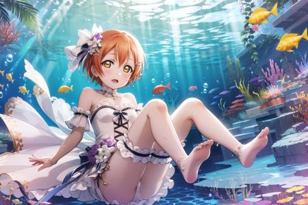 1girl, hoshizora rin, xkl, out door, ocean,((( floating dress, wedding dress))) , gem , diamond \(shape\) ,floating, floating hair, ((((underwater)))), bubbles, wet, ((see-through)), <lora:xkl_v21-000016:0.4> <lora:LLAS_v10:0.5>  coral, tropical fish, fish, sea plant,  foot up, bare foot, bare shoulders, 