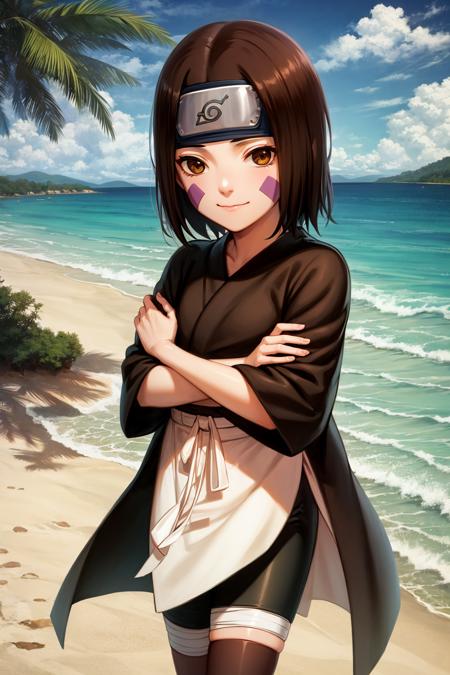 nohara rin, brown eyes, brown hair, black kimono, white apron, black shorts, bandages, facial mark, forehead protector