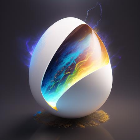 there is a large egg with a hole in it on a dark surface, 3d digital art 4k, cinema 4d bright light render, cinema 4 d art, 3d render digital art, humpty dumpty in form of egg, digital art render, high-quality render, magic frozen ice phoenix egg, cinema 4 d render, cinema 4d render, white background, color slash, aint
 <lora:easter-fusion:1>