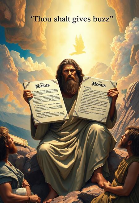 Masterpiece epic religious painting of Moses receiving two tablets of stone with the 10 commandments from God on Mount Sinai, title text above: “Thou shalt give buzz”, best quality, intricate details, ultra details, good lighting, vibrant colors, very detailed,