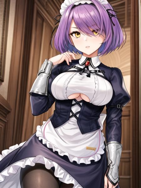 Gloucester,purple hair, short hair,yellow eyes, maid headdress, maid, pantyhose, long sleeves, 