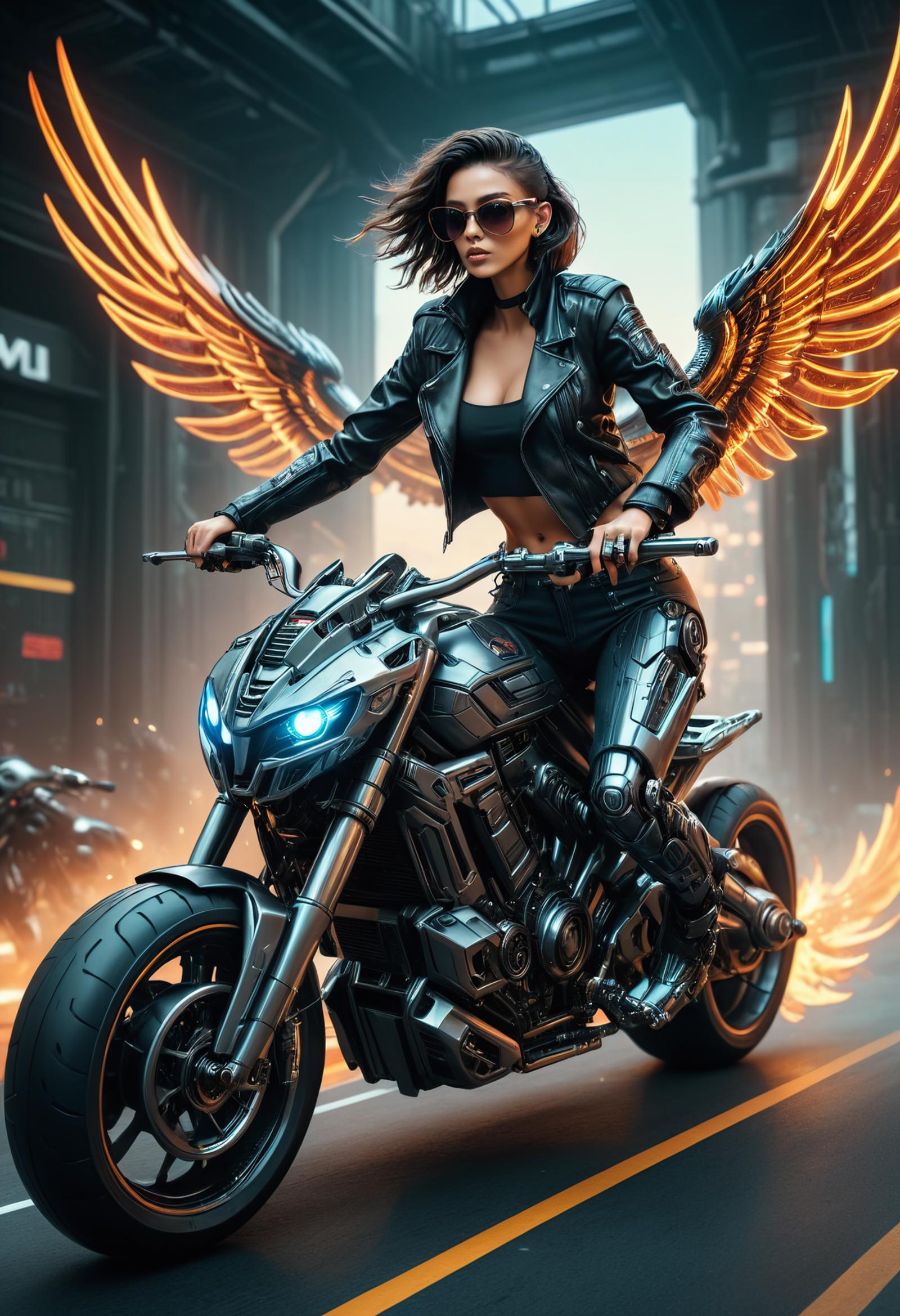 Computer-generated image of a woman riding a motorcycle with wings on her back.