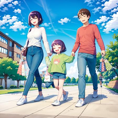 parents and daughter, 2girls, 1boy, shirt, cloud, sky, blue sky, bag, pants, smile, shoes, day, white shirt, bangs, outdoors, brown hair, green eyes, building, green pants, blush, long sleeves, open mouth, closed eyes, blue pants, white footwear, print shirt, blunt bangs, short hair, cloudy sky, shorts, tree, purple hair, holding bag, blue shorts, black hair, holding, shopping bag, blush stickers, walking