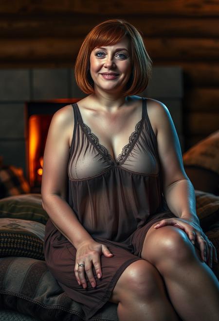 photo realistic, ultra realistic, cinematic style shot of an attractive, overweight, mid 40s woman, copper coloured hair in neat bob, wearing a sexy completely see through nightgown, her whole body is facing the viewer, sat on a pile of cushions, in wooden lodge in front of roaring fire, cosy, inviting smile, flirty, seductive, romantic,  dark cosy room, soft focus, the only light is from the fire behind her