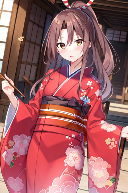 zuihouKC, 1girl, solo, japanese clothes, wide sleeves, headband,high ponytail, hakama, red shorts, hachimaki,