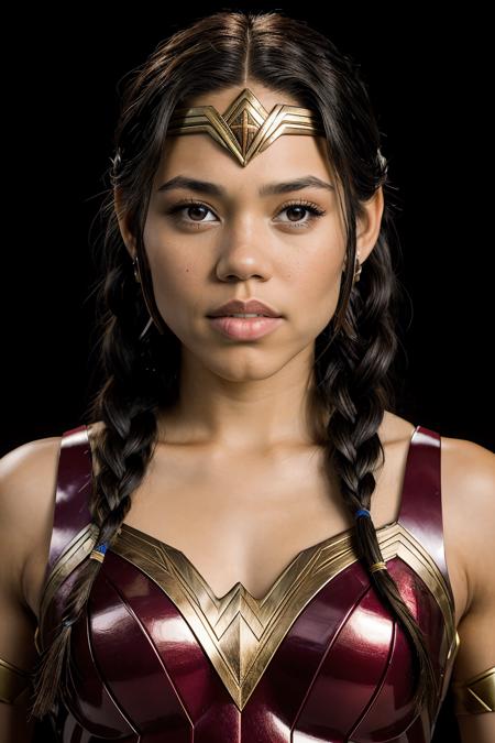 jenna orterga, jenna_ortega wearing wonder woman armor, skinny, long hair twin braid, 
burgundy wonder woman armor,  
head shot, close up, upper body, solid black background, mid-twenty, age:21, 21 year old, portrait,
<lora:Jenna_Ortega_V2:0.7>,