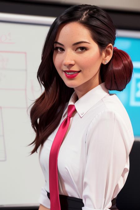 photo of a woman, oliviam,((ponytail)) ((necktie, shirt, dark red hair)), ((closeup, portrait)),((whiteboard, conference room)),smiling, ((red lipstick, eyeliner, eye shadow, blush)), ((best quality, masterpiece, extreme details, high resolution):1.2),((detailed eyes, beautiful eyes, detailed face, beautiful face):1.2)