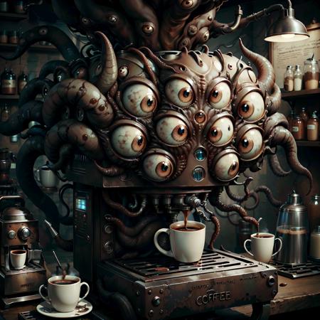 <lora:ManyEyedHorrorAI-000011:.9> ManyEyedHorrorAI coffee machine