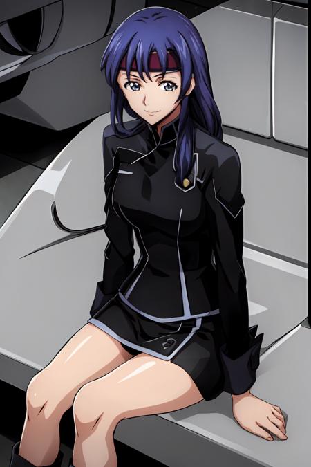 (masterpiece, best quality:1.2), highres, anime screencap, anime coloring, 1girl, solo, light smile, 
Naomi_Inoue_V1, purple hair, long hair, bangs, grey eyes, headband, red headband, medium breasts, 
military, military uniform, black jacket, long sleeves, black skirt, miniskirt, black footwear, knee boots, high heel boots, black panties, 
sitting and widely spread legs, knees up, leaning back, 
looking at viewer, cowboy shot, 
<lora:add_detail_CyberAlchemist:0.4>, <lora:GoodHands-beta2:0.8>, <lora:NaomiInoueV1-000010:1>