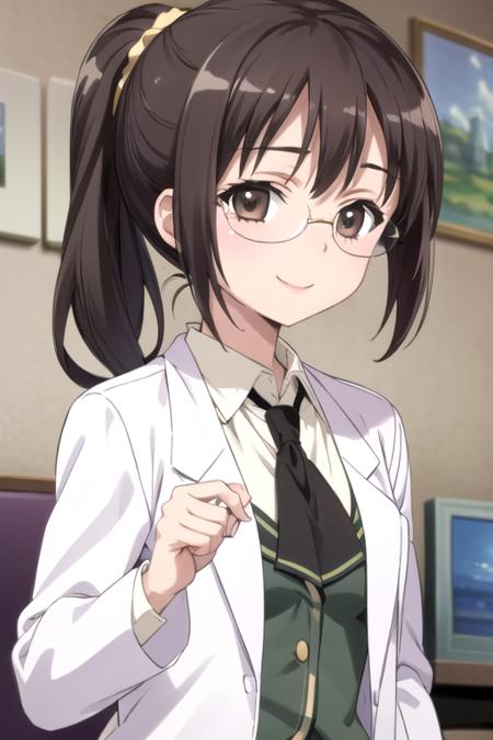 (((pixel-perfect, detail-perfect))), solo, 1girl, <lora:rika-haganai-01:0.8>, rika shiguma, school uniform, ascot, glasses, labcoat, looking at viewer, smile