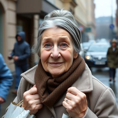elderly woman, kind face, grandmotherly, silver-gray hair, hair bun, headscarf (babushka scarf), simple coat, carrying shopping bags, weary but warm expression, wrinkles, St. Petersburg street, rainy day, helping hands, supporting character, realism, soft smile, film grain,
no makeup, no jewelry, no fantasy armor.