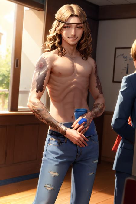 sakaki takaya, tattoo, facial hair topless male, jeans