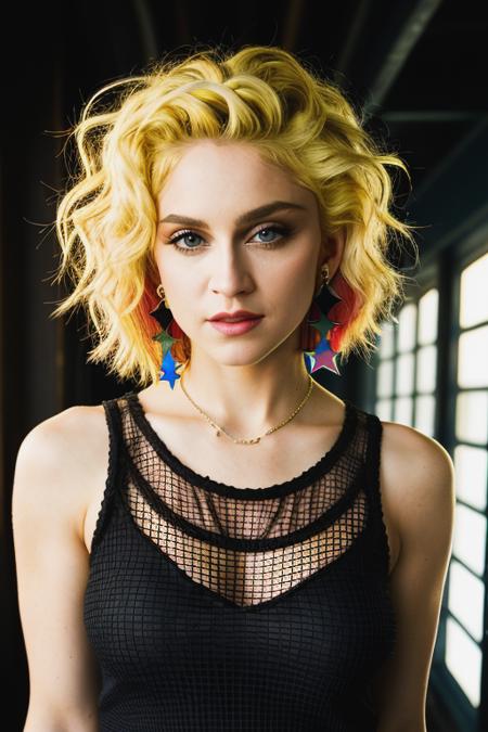 <lora:m4d0nn4:0.9>, a Realistic photo of m4d0nn4 woman, looking at viewer, short hair, blonde hair, jewelry, upper body, red hair, multicolored hair, earrings, sleeveless, star (symbol), nail polish, bracelet, lips, makeup, tank top, realistic, yellow nails, fishnet top, soft lighting, professional Photography, Photorealistic, detailed eyes, RAW, analog, sharp focus, 8k, HD, DSLR, high quality, Fujifilm XT3, film grain, award winning, masterpiece