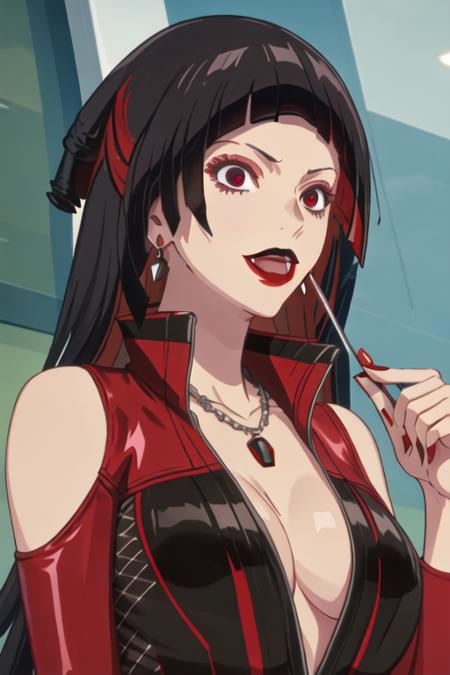 best quality, masterpiece, highres, solo, {vipere_birdiewinggolfgirlsstory:1.15}, black_hair, jewelry, makeup, red_eyes, open_mouth, long_hair, lipstick, necklace, bangs, earrings, blunt_bangs, multicolored_hair, breasts, 1girl, red_hair, two-tone_hair, fangs, parody, fang, vampire