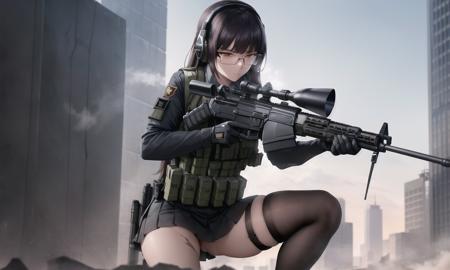 (masterpiece, best quality, absurdres), photo, illustration, best shadow, Donald Sherwood, Paul Chadeisson, woman is squatting, holding rifles, Preparing for a gunfight, scenery ruin cityscape, midday sun lighting glow, particles, bullet marks, Sniper rifle fixed to the ground, looking through the sights, fine sky, clouds, detailed serafuku, pleated miniskirt, dynamic angle, serious, glasses, (headset), (hide behind a bulletproof shield:1.25), enemies in distance, fire effects, traffic light, high thigh