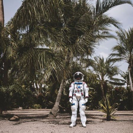 a man in a space suit standing in front of a palm tree