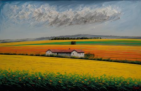 (style of Josh Adamski:1.1), scene painting,scenery,a painting, field ,orchard ,ranch ,farm ,yard ,hacienda , Scrubland ,