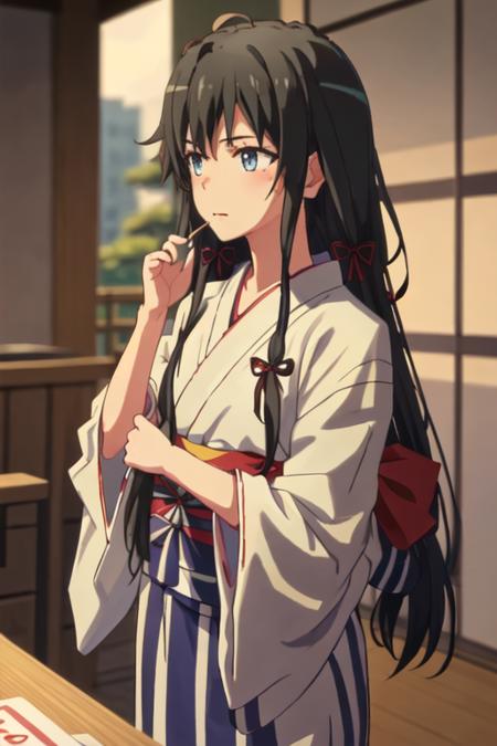 best quality, masterpiece, highres, solo, {yukata:1.40}, {kimono:1.20}, {yukino_yukinoshita_yahariorenoseishunlovecomewamachigatteiru:1.15}, long_hair, black_hair, ribbon, blue_eyes, hair_ribbon, blazer