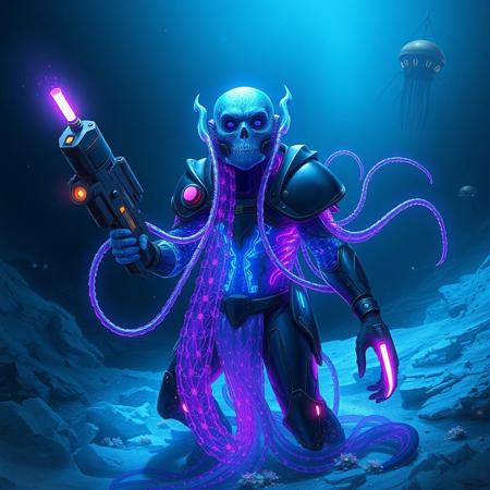 "(Ultra-realistic:1.0), 32k, (Masterpiece:1.0), (High Detailed Skin:1.0), (High Quality:1.0), (Detailed Realistic Background:1.3), (Official Art, Beautiful:1.2), (Realistic Lighting:1.0). Illustrate an awe-inspiring Cryoquatic warrior, a bioluminescent, jellyfish-like being adorned with sleek, manmade metal plates that enhance its natural beauty. Two prominent tentacles glow with vivid noctilucent light, casting a mesmerizing display across the dark, deep waters. The Cryoquatic wields a futuristic energy gun in its glowing tentacles, ready for action, while its translucent body shimmers in vibrant shades of blue and purple.
The background reveals the infinite depths of Europa’s ocean, capped by a thick layer of ice. A single imposing gate pierces the ice, hinting at mysteries on the surface. Floating metal cities resembling jellyfish structures are scattered in the distance, softly glowing with illuminated accents. Dark, cinematic lighting enhances the eerie atmosphere, capturing the tension and ethereal beauty of the Cryoquatic warrior in this alien underwater realm."