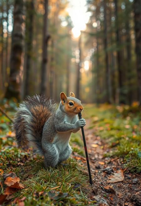 A grey squirrel hiking with a hiking pole on a beautiful forest trail
