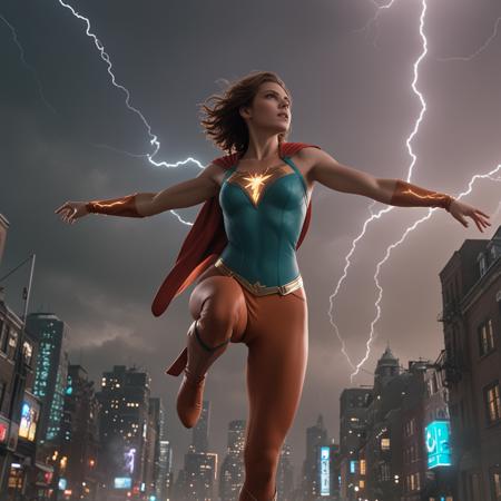 zdyna_pose, dutch angle, from below, skinny girl superhero in a zdyna_pose casting lightning from her outstretched arms with a tall city in the background in a low camera angle actions scene, foreground objects dust and volumetric lighting, bright cinematic lighting, orange and teal color grading, 
 <lora:!action-sdxl-V0.5:0.8>
