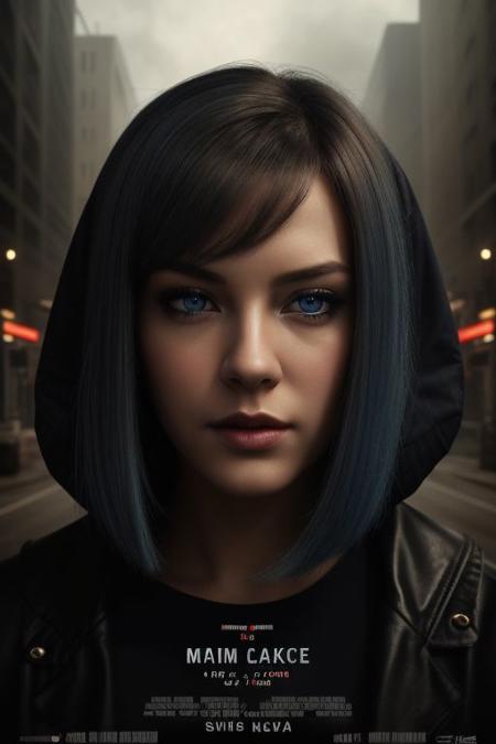 movieposter, Close-up portrait of a beautiful, female android with flawless, synthetic skin and piercing blue eyes. Short, silver hair styled in a sleek bob. Her expression is calm and thoughtful. Industrial background with wires and exposed circuits hinting at her robotic nature. Hyperrealistic style, detailed metallic textures, inspired by Syd Mead.  reality and the uncanny, where clouds merge with dreams and colors paint a film grain, closeup, medium shoot, mesmerizing  scene., cinematic Impressionism, masterpiece layout design, cinematic cloud of red smoke font design, movie poster design , 100 shade of Darkness Horror Movie
