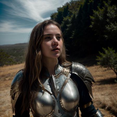 Photography, young woman in armor, fantasy, looking at the sky, lifelike skin texture, natural light, cinematic, still from an hollywood movie, best quality, high res, detailed  <lora:MadiASMR_33B:1>