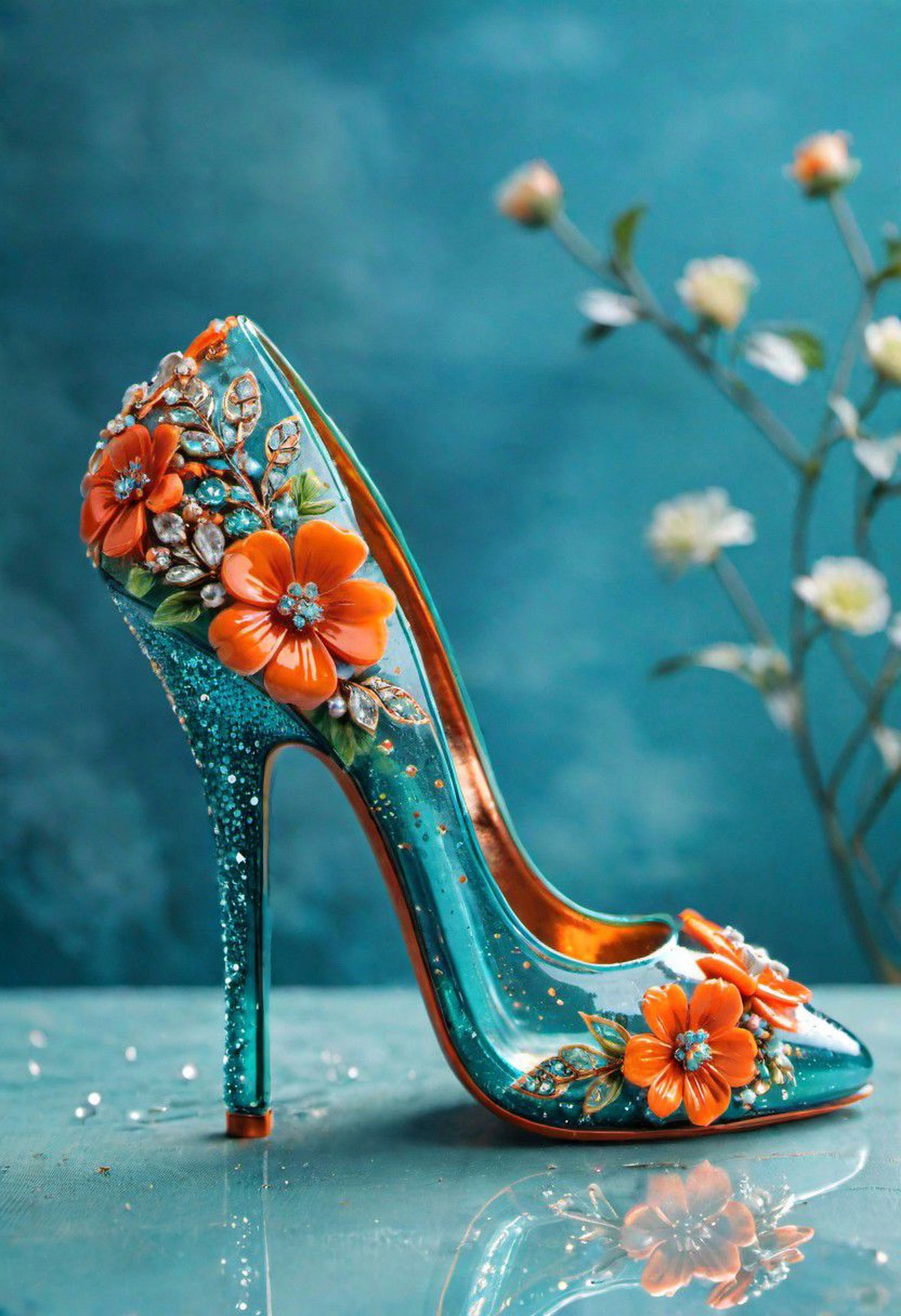 a close up of a shoe with flowers on it, by Elena Guro, trending on cg society, made of glass, cinderella, orange and teal...