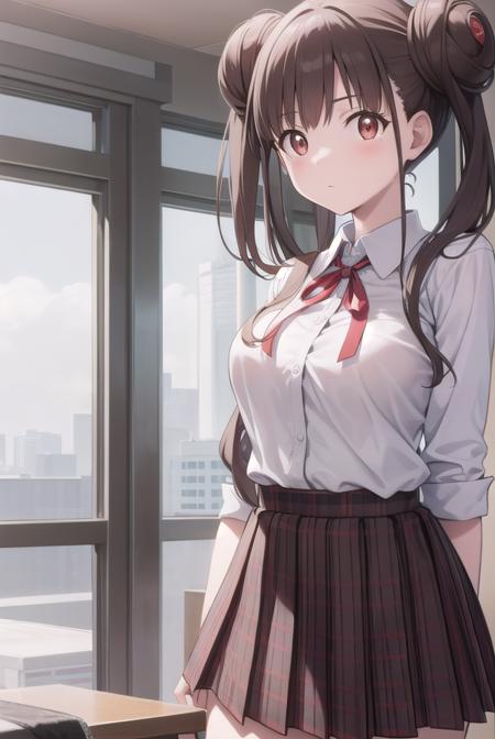 chiyokosonoda, <lora:chiyokosonoda-lora-nochekaiser:1>,
chiyoko sonoda, brown hair, (red eyes:1.5), hair bun, long hair, double bun, sidelocks,
BREAK brown skirt, buttons, collared shirt, dress shirt, miniskirt, neck ribbon, plaid, plaid skirt, pleated skirt, ribbon, school uniform, shirt, skirt, white shirt, yellow ribbon,
BREAK indoors, classroom,
BREAK looking at viewer, cowboy shot,
BREAK <lyco:GoodHands-beta2:1>, (masterpiece:1.2), best quality, high resolution, unity 8k wallpaper, (illustration:0.8), (beautiful detailed eyes:1.6), extremely detailed face, perfect lighting, extremely detailed CG, (perfect hands, perfect anatomy),