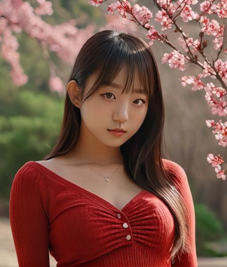 a beautiful picture of EujiPyo-Hyeri , masterpiece, photorealistic, woman, detailed, 4k, HDR, backlighting, bloom, light, RAW color photo,(fully in frame:1.1), detailed skin texture, (blush:0.5), (goosebumps:0.5), wearing a red blouse <lora:EujiPyo-Hyeri :1>