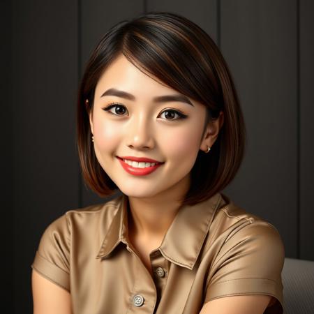 high-quality, photorealistic portrait of a young woman sitting confidently against a dark, neutral background with vertical textured panels. She has fair, smooth skin with a healthy glow. Her face is oval-shaped with softly defined cheekbones and a slightly pointed chin. Her eyebrows are well-groomed, medium in thickness, and naturally arched. She has large, almond-shaped eyes with subtle eyeliner and soft brown eyeshadow, giving a gentle, approachable expression. Her irises are dark brown. She has a straight, proportionate nose and full, well-defined lips with a natural rosy lipstick, forming a warm, friendly smile that reveals straight white teeth.
Her medium-length hair is neatly styled in a classic bob cut, reaching just above her shoulders. Her hair color is a rich chestnut brown with subtle highlights, smooth and neatly parted slightly to her left side. She wears delicate, drop-style earrings shaped like small metallic teardrops.
For her clothing, she is dressed in a short-sleeved, button-up shirt made from a silky material. The shirt is a deep navy blue color with an abstract, minimalistic light gray line pattern resembling artistic brush strokes or calligraphy. The shirt is tucked into a high-waisted skirt. The skirt is a warm caramel or camel color, made of a soft, structured fabric, fitting comfortably around her waist.