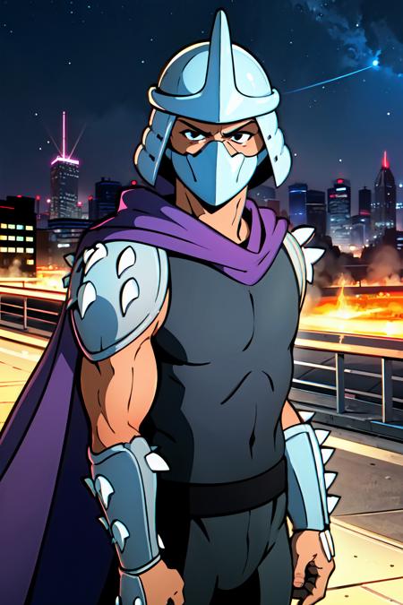 masterpiece, best quality, male, night, city, town,
 <lora:shredderV1:1>, shredder, purple cloak, spike_armor, helmet, grey tank_top, mask,