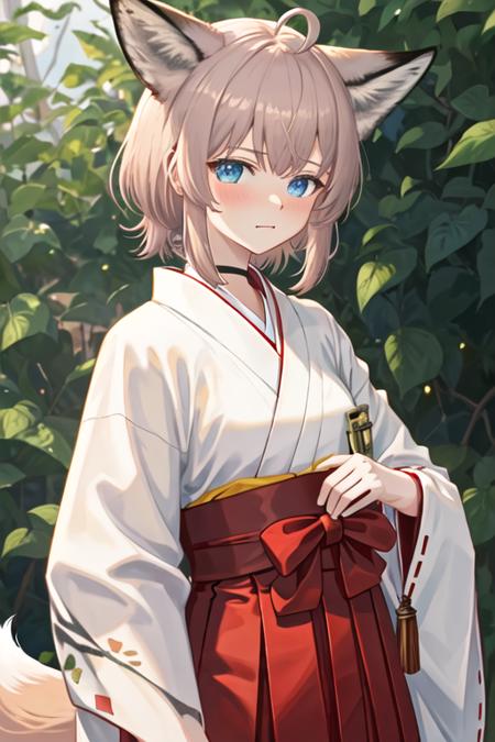 best quality, masterpiece, highres, solo, {white kimono:1.35}, {red hakama:1.35}, {wide sleeves:1.20}, {sussurro_arknights:1.15}, animal_ears, fox_ears, ahoge, blue_eyes, bangs, short_hair, oripathy_lesion_\(arknights\), brown_hair, fox_girl, upper_body, animal_ear_fluff, closed_mouth, blush