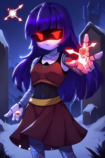 MD-Doll android, robot, joints, mechanical_arms, mechanical legs, long purple hair, hollow eyes, red pixel eyes red crop top, red skirt, black tank top, red boots [optional]: red dress, casting spell, magic, glowing hand red helmet