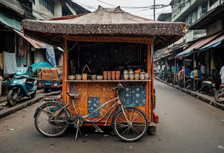 A bicycle parked on a Jakarta street, completely covered in Batik — from the frame to the seat and even the tires. The Batik pattern is bold and high-contrast, incorporating traditional motifs reimagined in modern metallic inks. Background shows a street market with subtle Batik influences: awnings, clothing, even the vendor carts. Surreal but grounded in urban realism, vibrant and playful.