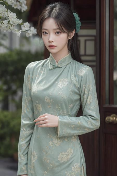 best quality, Lee Ji Eun, 1girl, solo, looking to the side,  china dress,(light green long sleeves printed china dress), upper body,  black eyes, lips, realistic, (outdoors:1.1),<lora:ChinaDress:0.7:1,1,1,1,1,1,1,1,0,0,0,1,1,1,1,1,1> <lora:iu_idol:0.8:FACE>