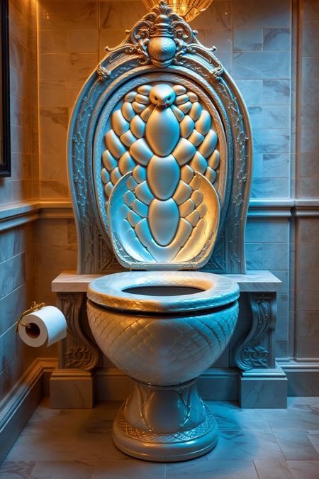 sn4k3. A luxurious bathroom with a pristine toilet resembling a throne, except the seat is covered in smooth, iridescent sn4k3 skin. A tiny, forked tongue flickers from the hinge. The roll of sn4k3 toilet paper. Warm, cozy bathroom lighting with an golden atmosphere.