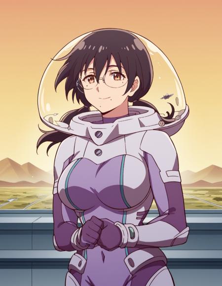 <lora:yunhua-lu-s1-ponyxl-lora-nochekaiser:1>, yunhua lu, black hair, brown eyes, twintails, low twintails, hair between eyes, glasses, mole, mole under mouth, large breasts, bodysuit, pilot suit, spacesuit, purple bodysuit,