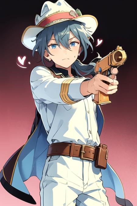 <lora:NikiShiina-08:0.7> ,niki, solo, long hair, looking at viewer, blue eyes, shirt, black hair, long sleeves, 1boy, hat, holding, hair between eyes, jewelry, jacket, ponytail, weapon, male focus, heart, food, belt, pants, holding weapon, gun, candy, holding gun, handgun, low ponytail, hand on headwear, holster, doughnut, cowboy hat, revolver, finger on trigger, aiming at viewer