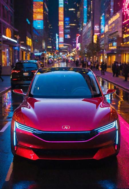 Cutting-edge clarity, automotive marvel, top-tier resolution, ultra-detailed, UHD sleekness, depth of engineering, electric car, parked on a futuristic city street, neon city lights, streamlined body, polished finish, nearby, vibrant street illumination, headlights beaming, (dynamic streetlight:1.2), reflections on glossy paint